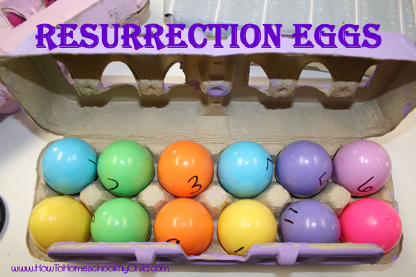 Find Age Level Ideas for Easter Activities for Kids - FREE Resurrection Eggs printable with Easter Bible Verses from HowToHomeschoolMyChild.com
