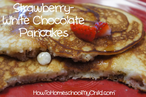 valentines day recipes -heart-shaped strawberry pancakes, with coconut, pecans & white chocolate chips from HowToHomeschoolMyChild.com