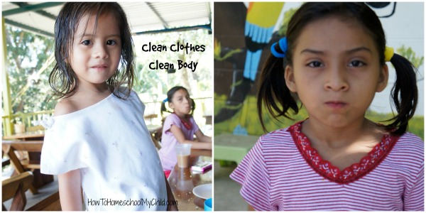 Clean clothes & their first shower thanks to SHIPInternational.org - Family Mission trips & HowToHomeschoolMyChild.com