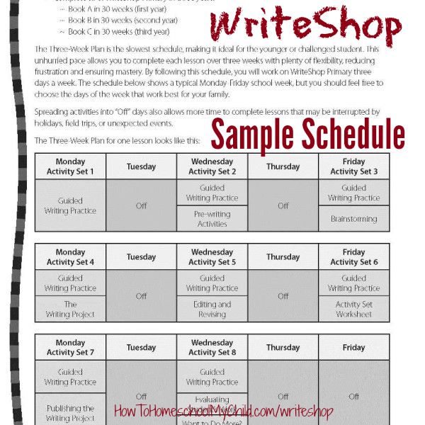 WriteShop has 3 different weekly schedules so you can adjust to your kids & family (from HowToHomeschoolMyChild.com}