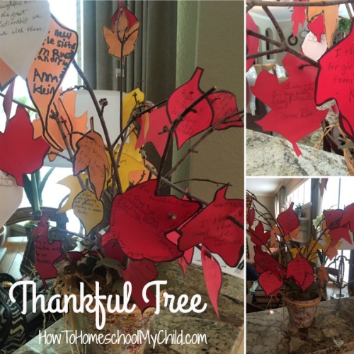 Thankful Tree - Each year let your kids write their thanks. Include their name & year - Great family tradition for Thanksgiving from HowToHomeschoolMyChild.com